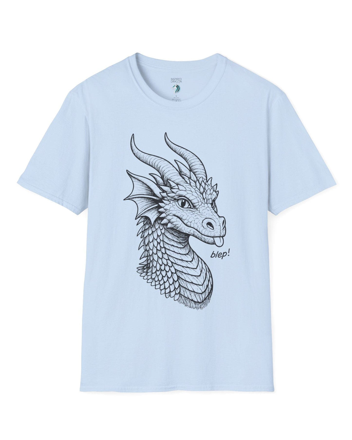 Blep! shirt in light blue featuring a detailed dragon sketch playfully sticking out its tongue.