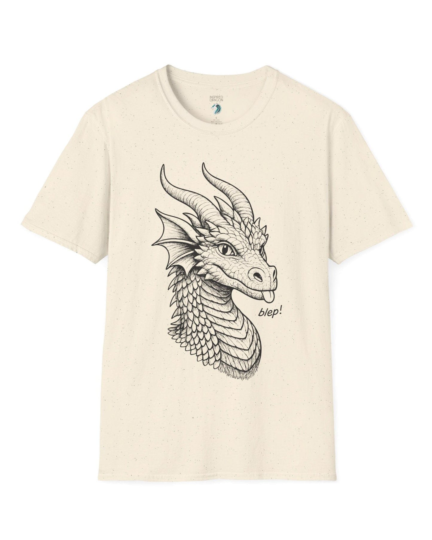 Blep! shirt in natural featuring a detailed dragon sketch playfully sticking out its tongue.