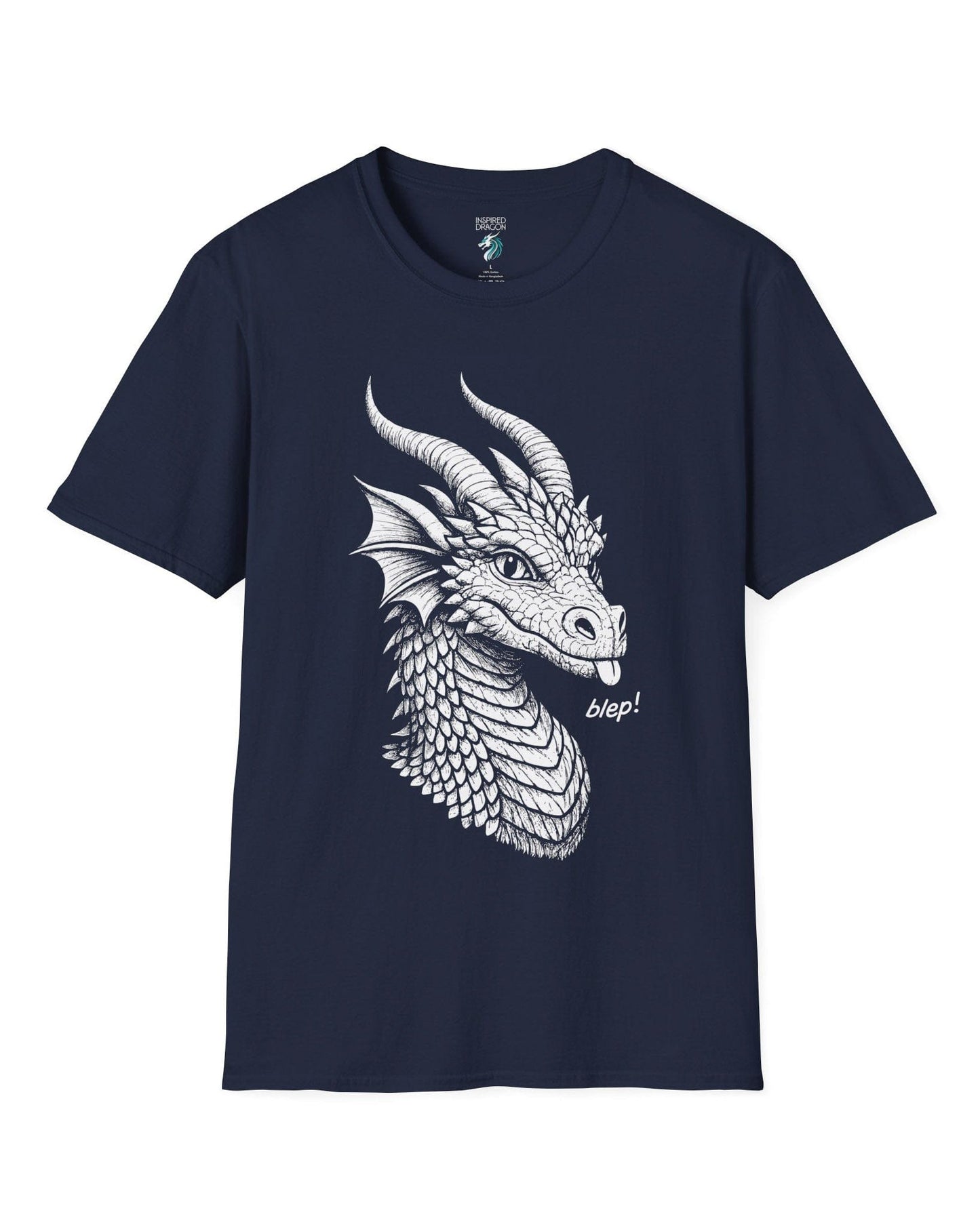 Blep! shirt in navy featuring a detailed dragon sketch playfully sticking out its tongue.