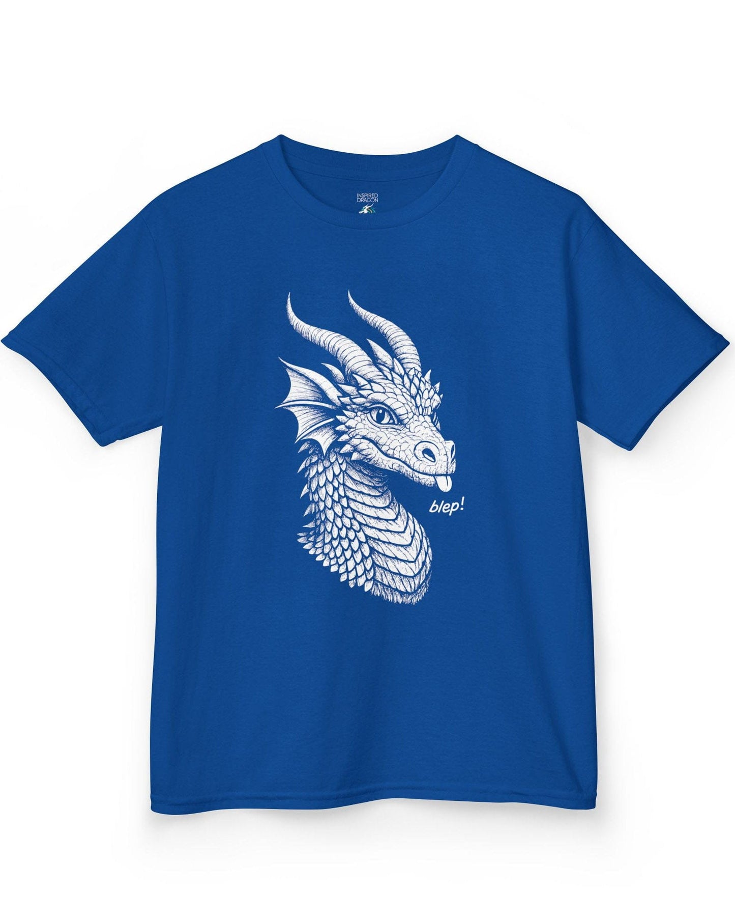 Blep! shirt in royal blue featuring a detailed dragon sketch playfully sticking out its tongue.