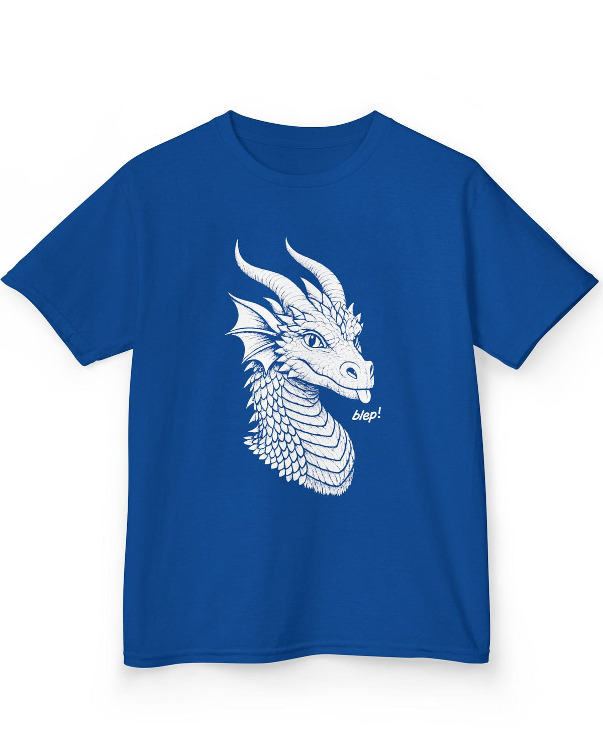 Blep! shirt in royal blue featuring a detailed dragon sketch playfully sticking out its tongue.