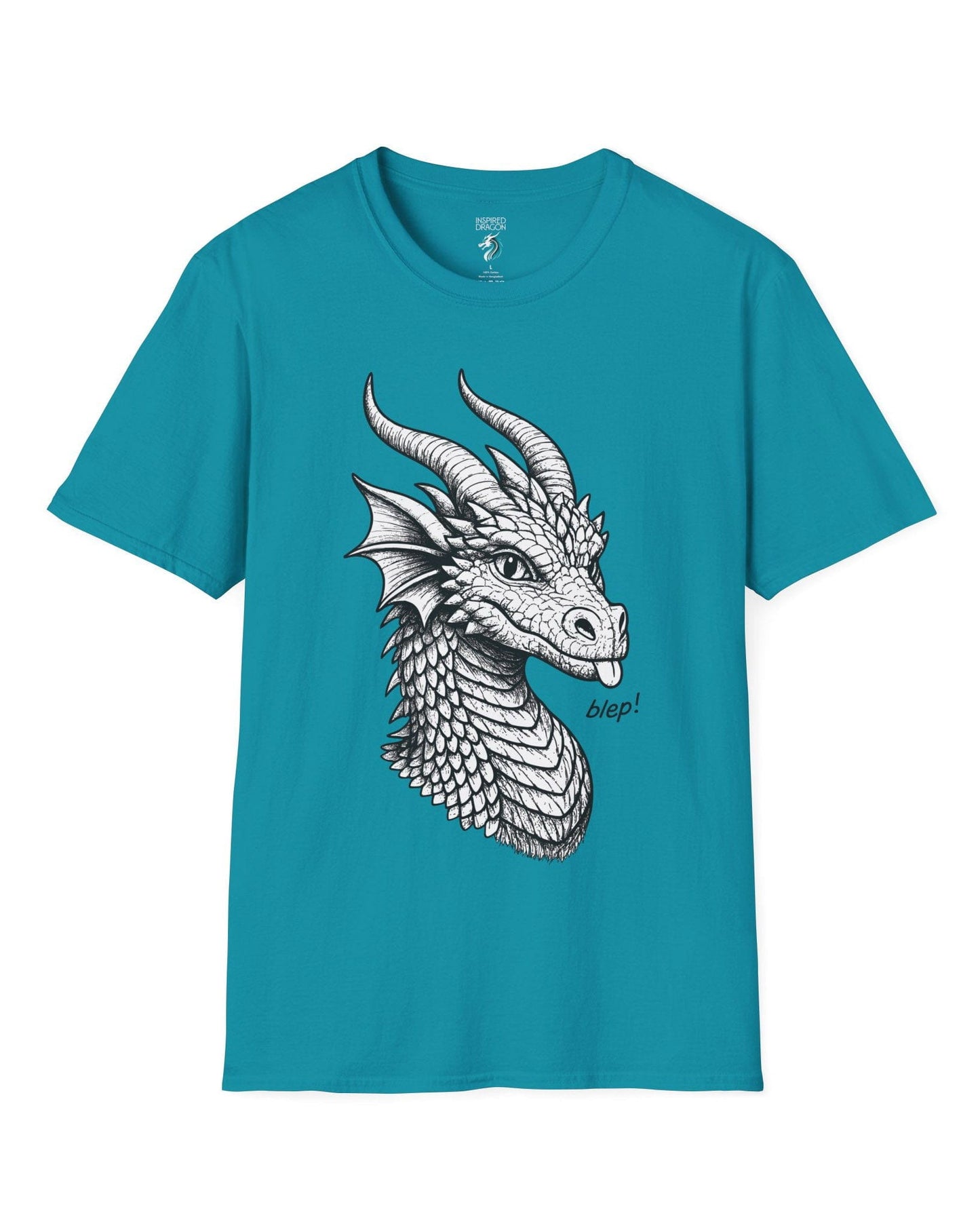 Blep! shirt in tropical blue featuring a detailed dragon sketch playfully sticking out its tongue.