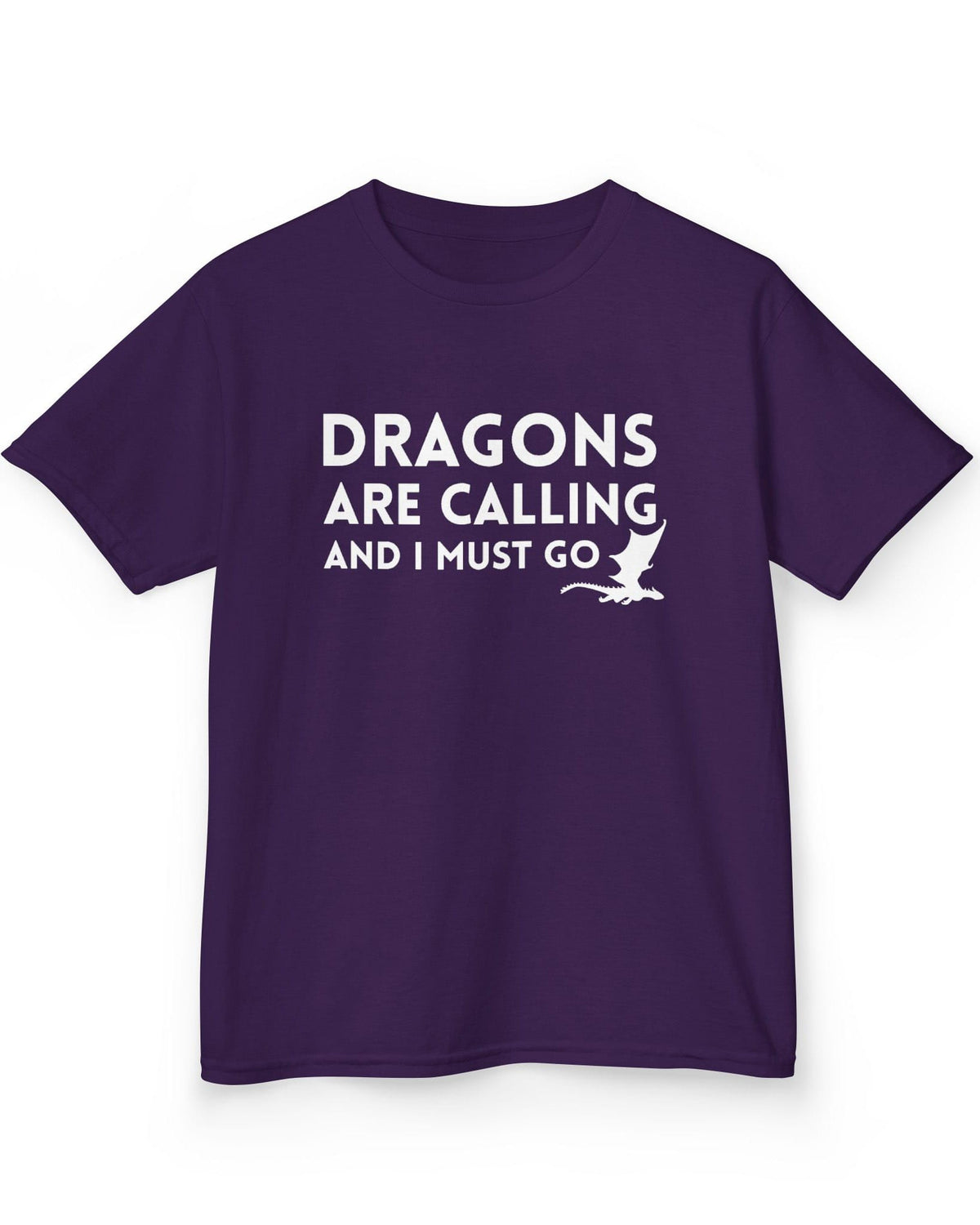 Dragons Are Calling shirt in purple featuring bold text with a small flying dragon silhouette.