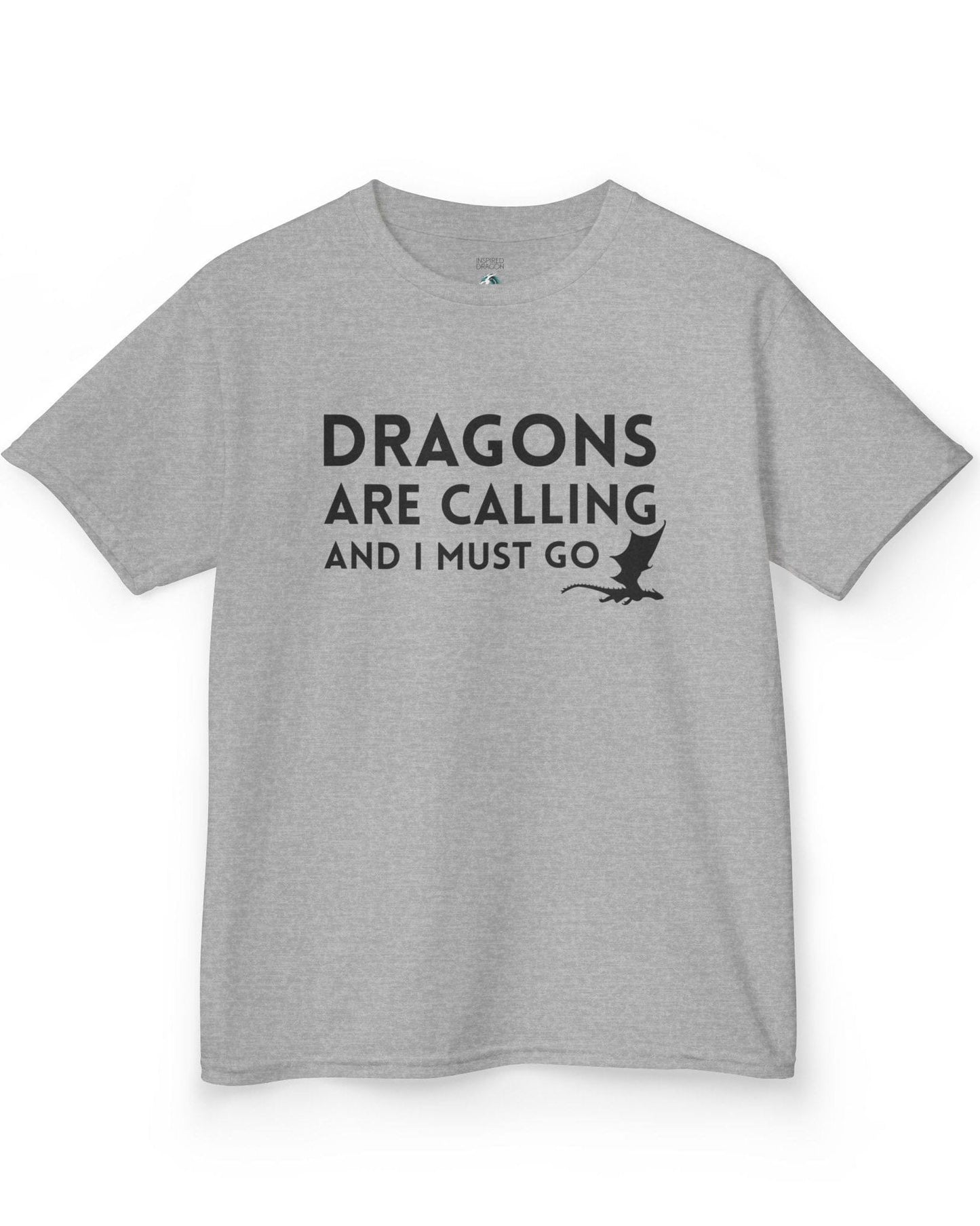 Dragons Are Calling shirt in sport grey featuring bold text with a small flying dragon silhouette.
