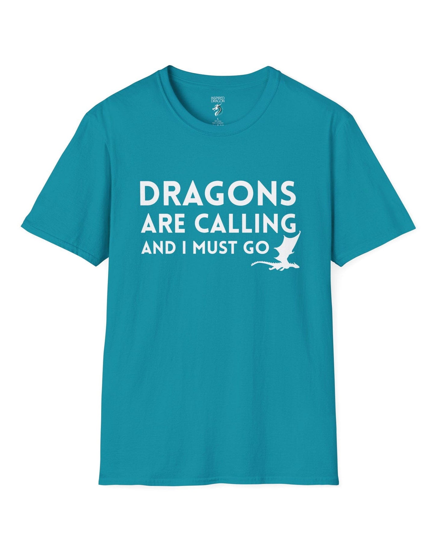 Dragons Are Calling shirt in tropical blue featuring bold text with a small flying dragon silhouette.