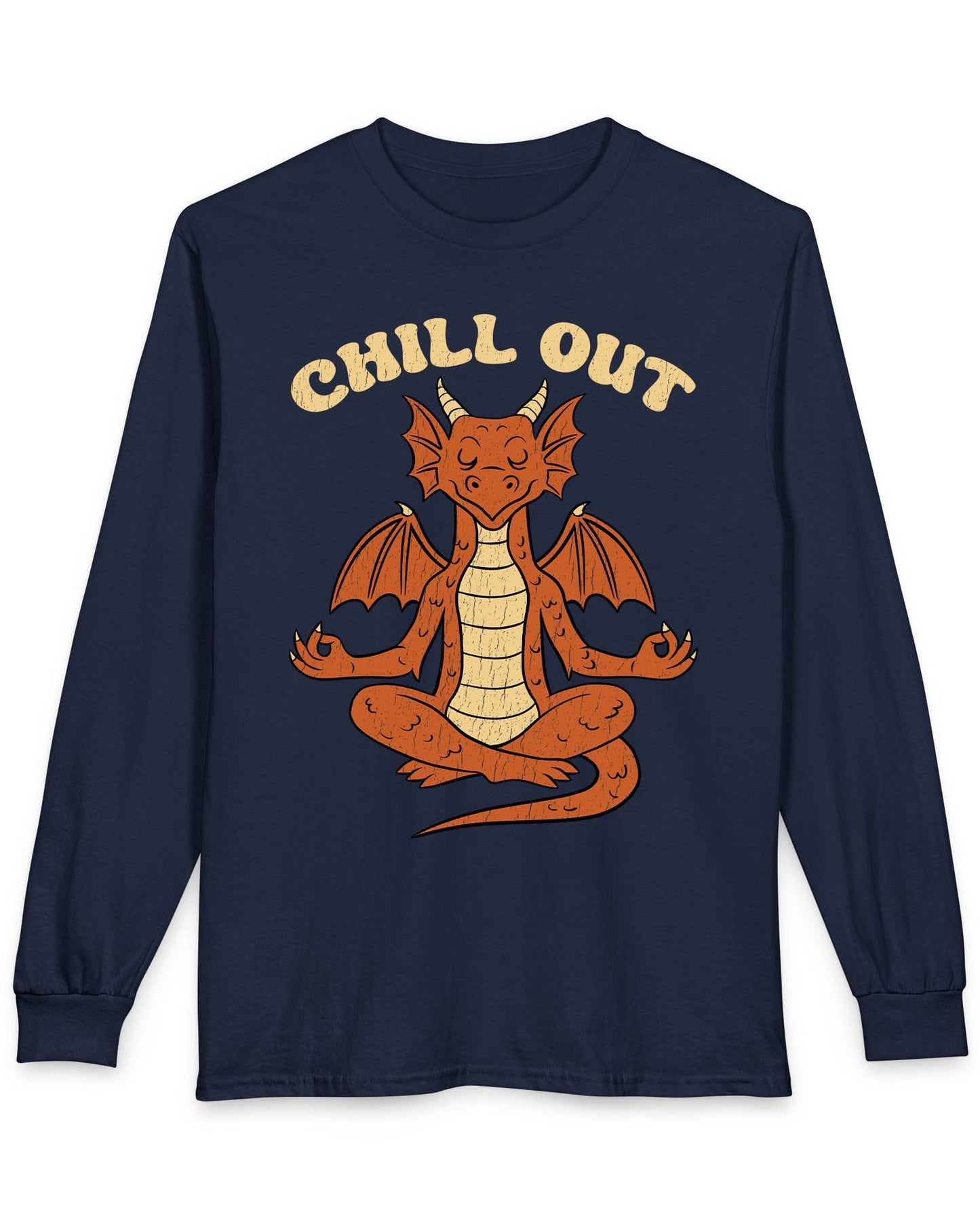 Chill Out shirt in navy featuring groovy text and a relaxed dragon meditating with a vintage distressed look.