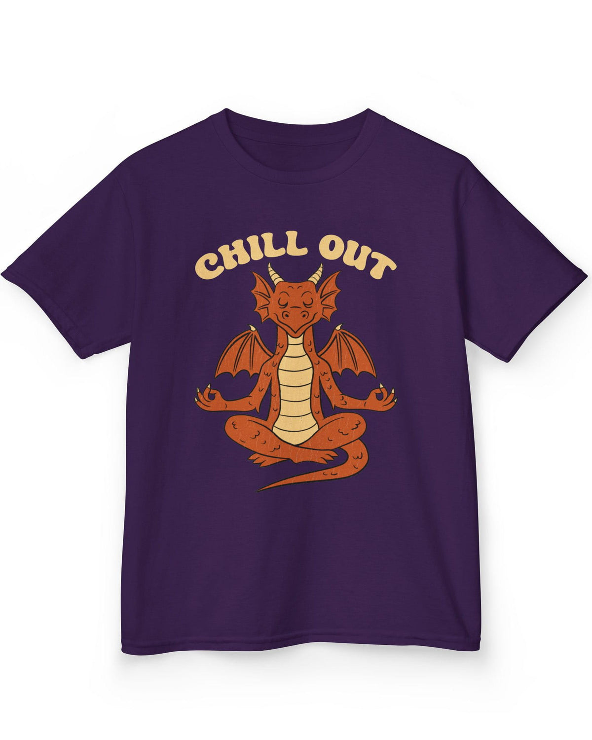 Chill Out shirt in purple featuring groovy text and a relaxed dragon meditating with a vintage distressed look.