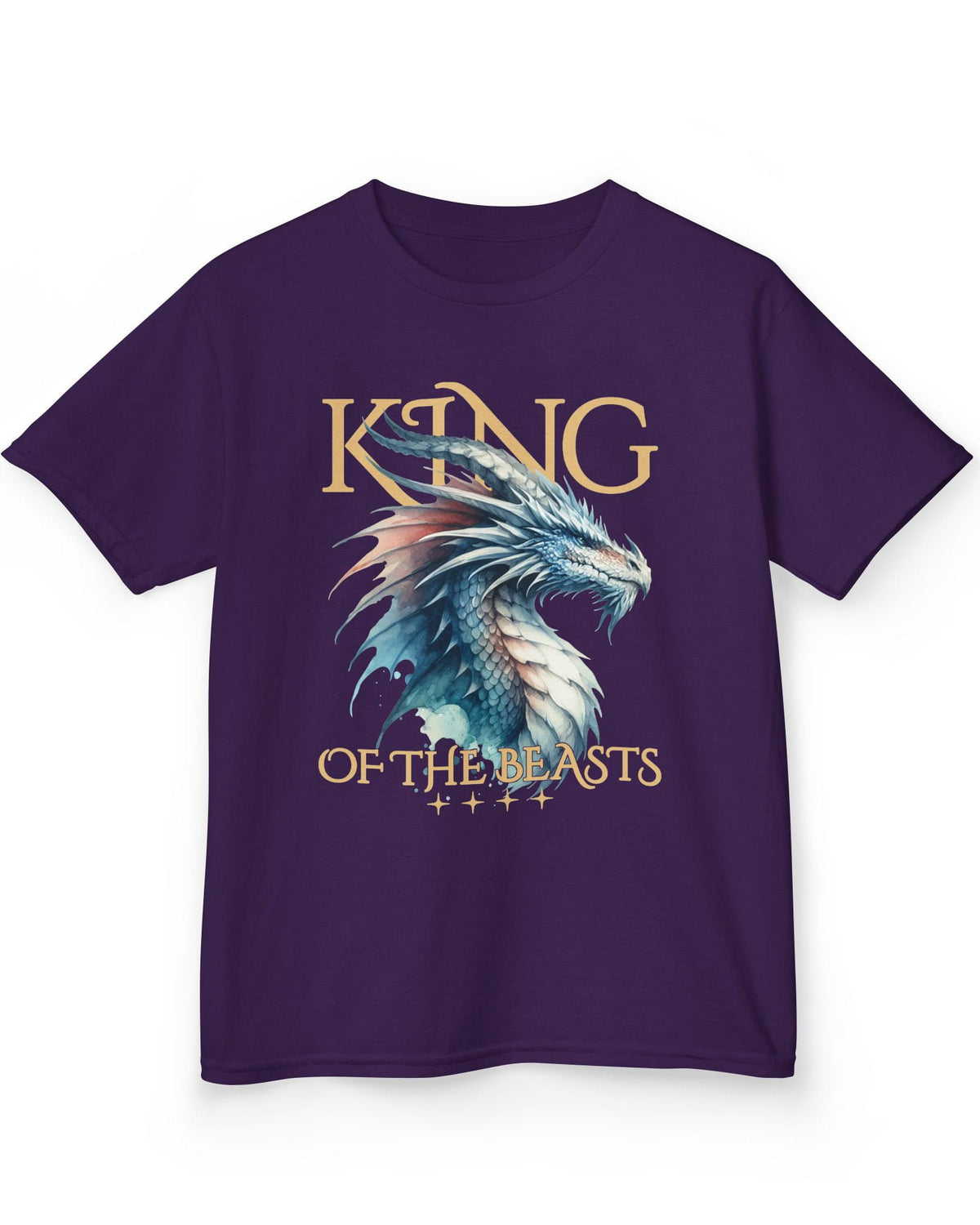 King of the Beasts shirt in purple featuring a regal blue and white dragon in watercolor style