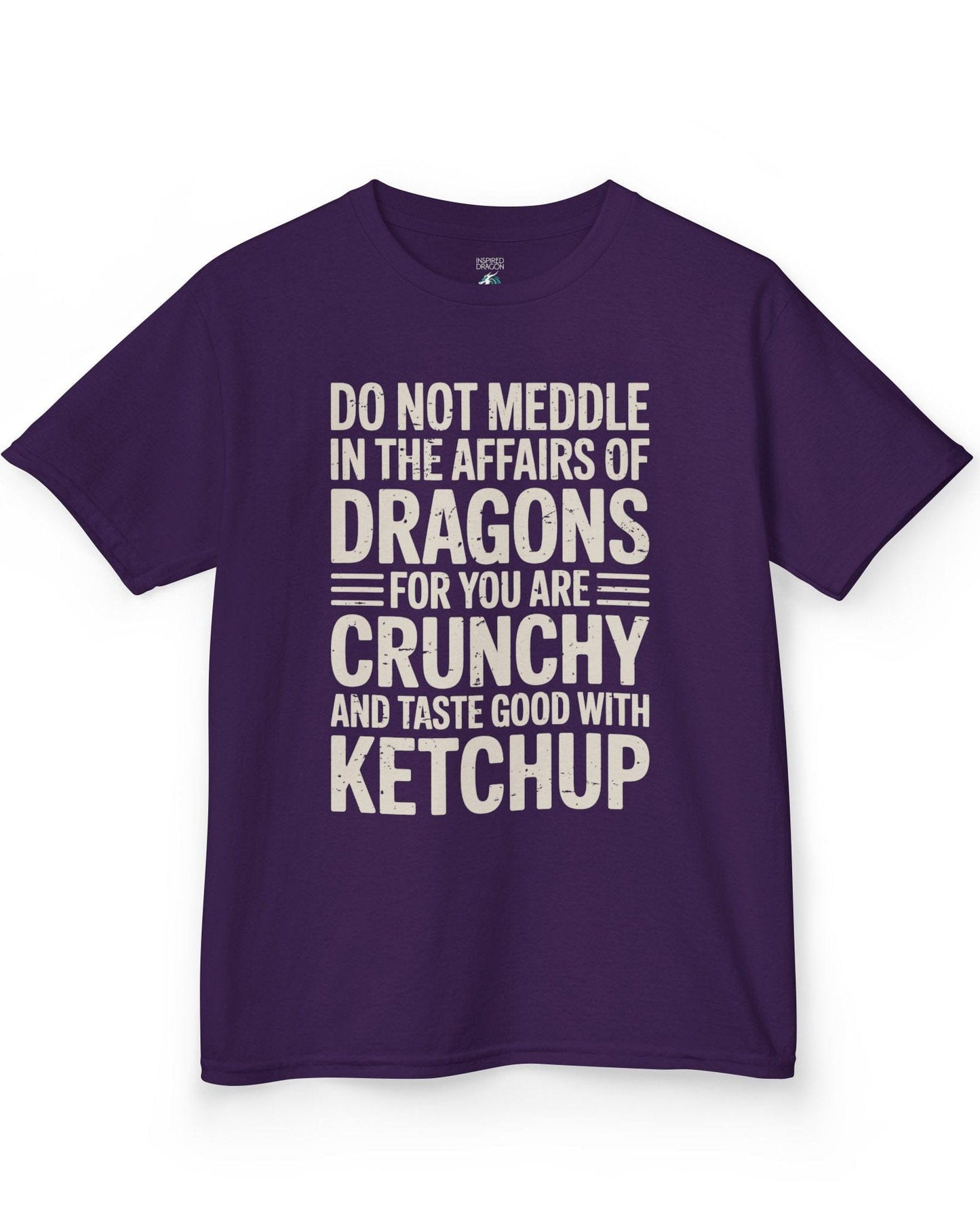 Do Not Meddle shirt in purple featuring bold distressed typography with a witty dragon-themed warning.