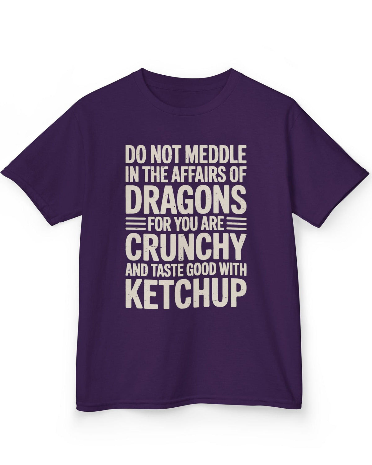 Do Not Meddle shirt in purple featuring bold distressed typography with a witty dragon-themed warning.