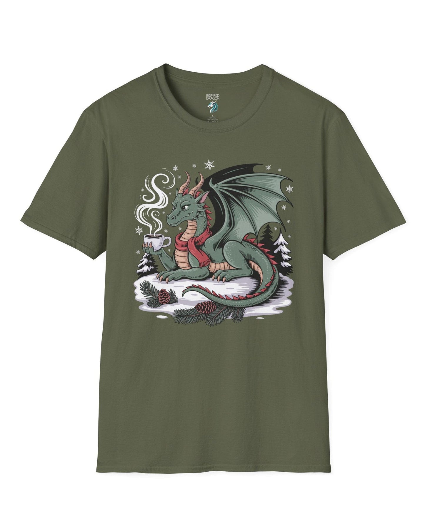 Winter’s Warmth shirt in military green featuring a cozy winter dragon enjoying a hot drink among snow and pines