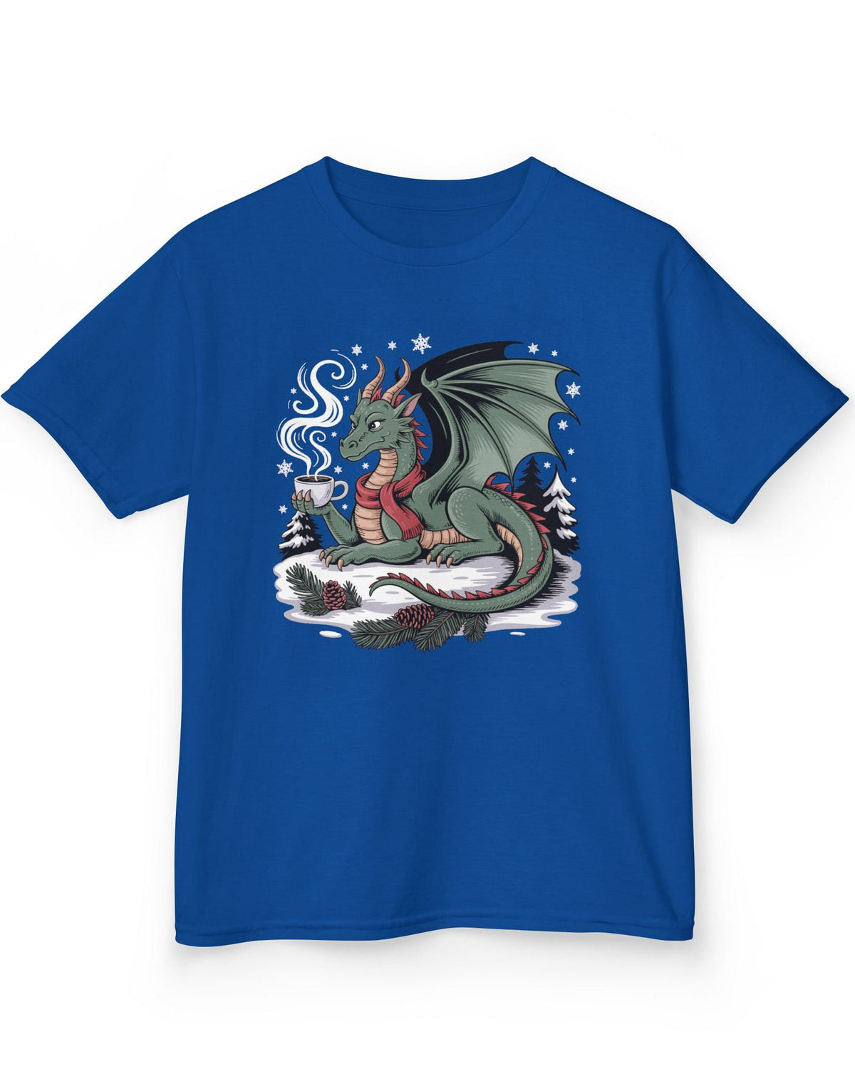 Winter’s Warmth shirt in royal blue featuring a cozy winter dragon enjoying a hot drink among snow and pines
