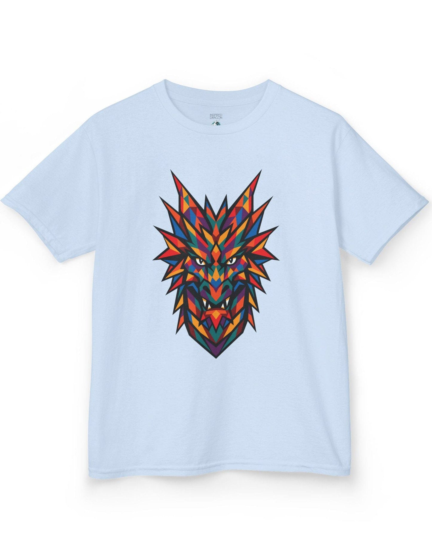 Polychrome Mosaic Dragon shirt in light blue featuring a vibrant geometric dragon head in bold multicolor shapes.