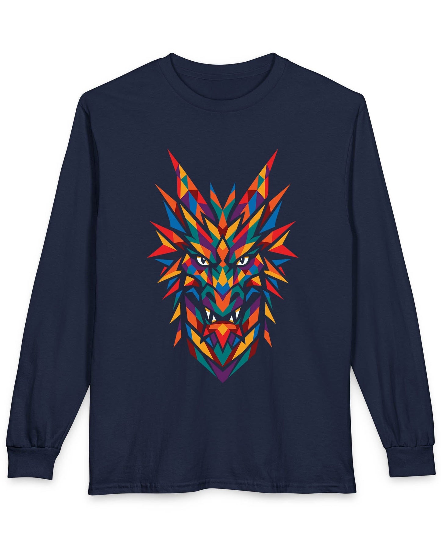 Polychrome Mosaic Dragon shirt in navy featuring a vibrant geometric dragon head in bold multicolor shapes
