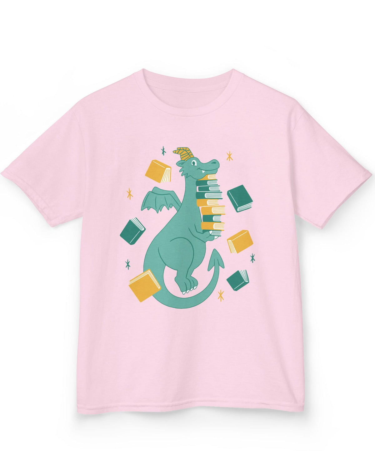 The Book Hoarder shirt in light pink featuring a cheerful teal dragon juggling a towering stack of books.