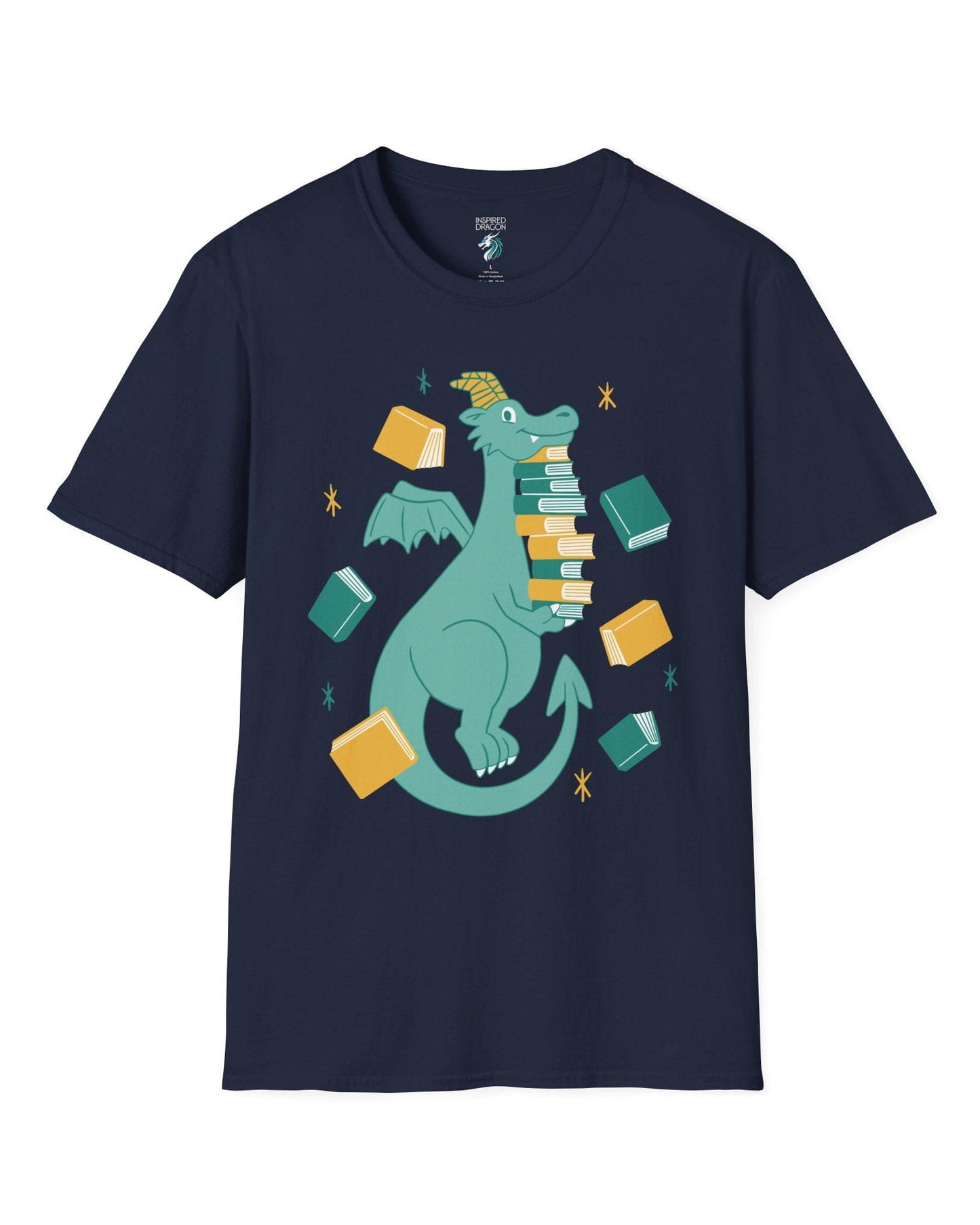 The Book Hoarder shirt in navy featuring a cheerful teal dragon juggling a towering stack of books.