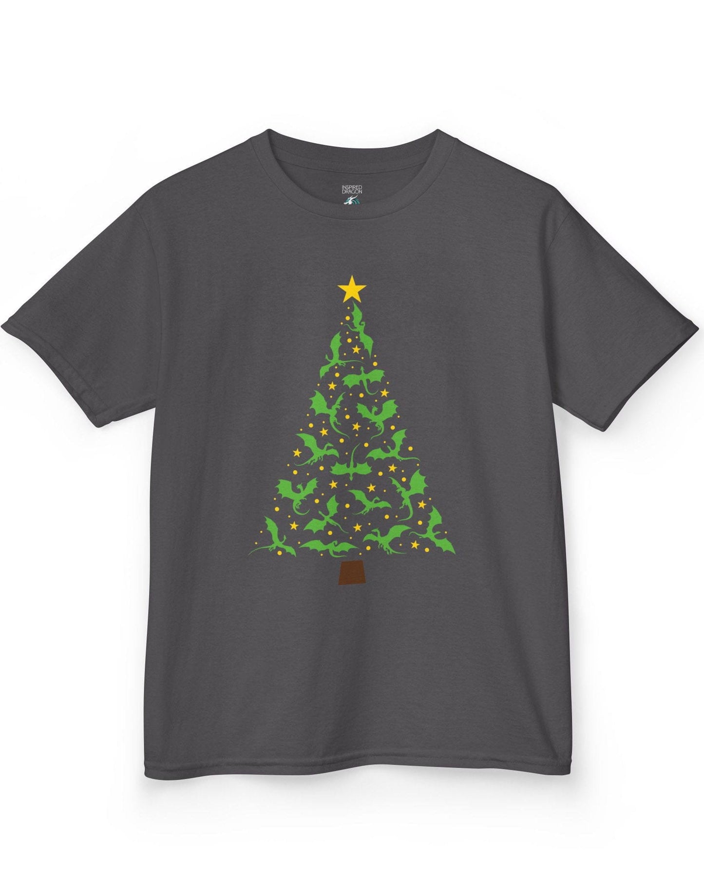 Dragonflight Christmas Tree shirt in charcoal featuring a festive tree made of green dragons with yellow stars.