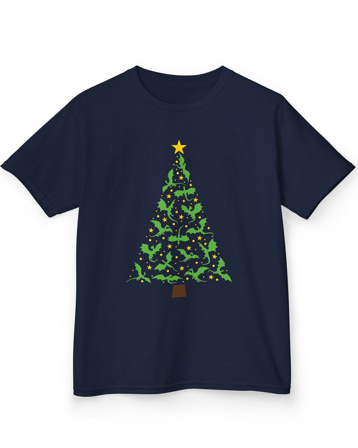 Dragonflight Christmas Tree shirt in navy featuring a festive tree made of green dragons with yellow stars.