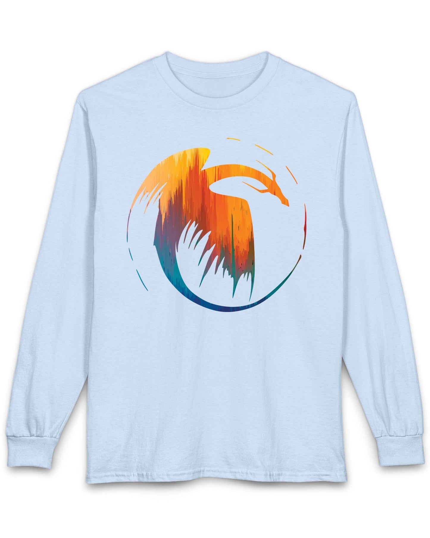 Dawn's Arc shirt in light blue featuring a vibrant abstract dragon silhouette in warm sunset tones.