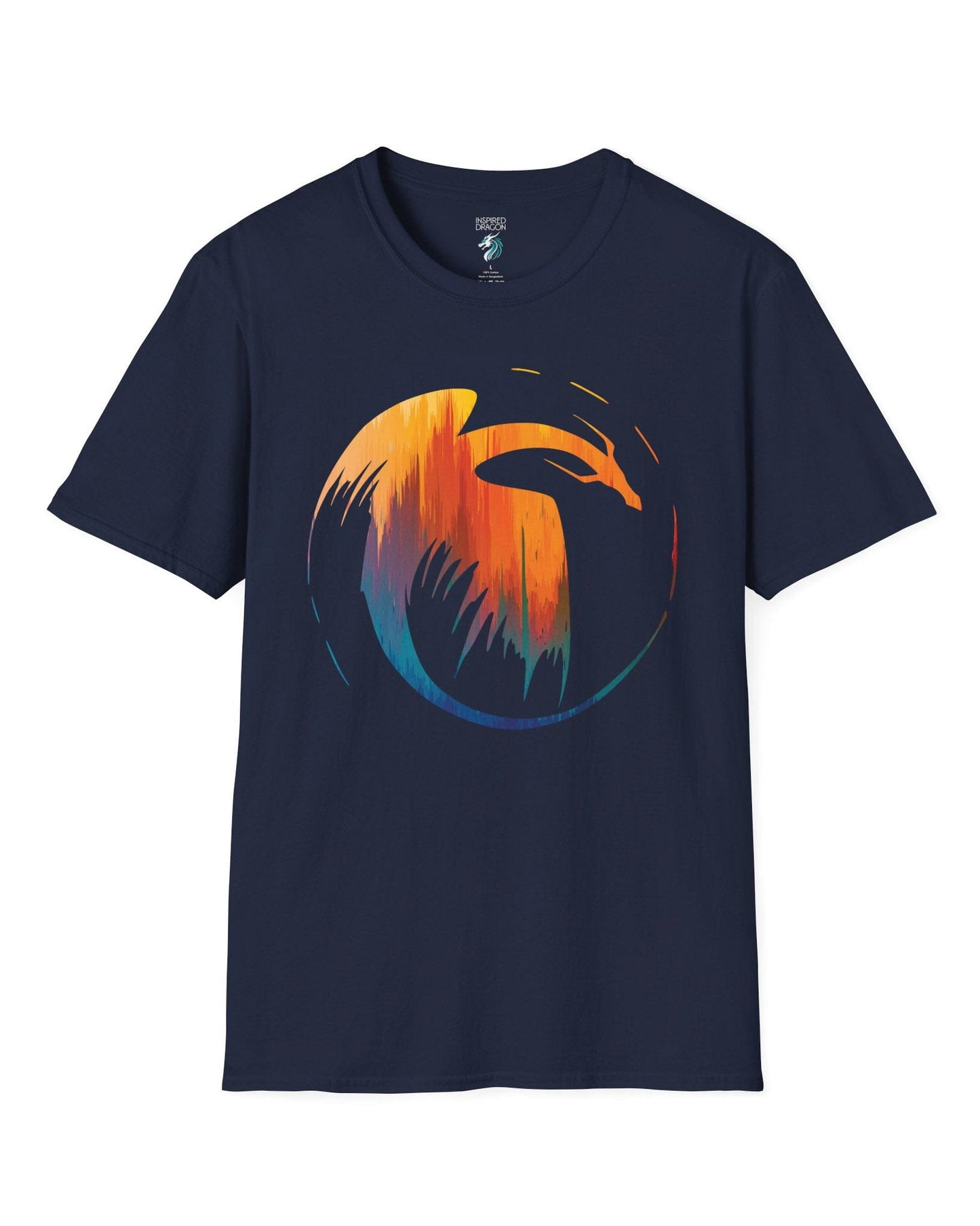 Dawn's Arc shirt in navy featuring a vibrant abstract dragon silhouette in warm sunset tones.