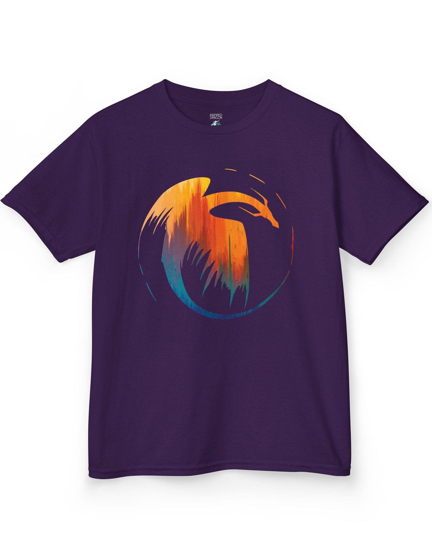 Dawn's Arc shirt in purple featuring a vibrant abstract dragon silhouette in warm sunset tones.