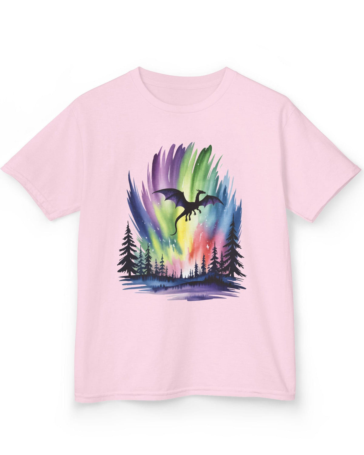 Sky of Dreams shirt in light pink featuring a dragon silhouette soaring above a vibrant, colorful aurora forest scene.