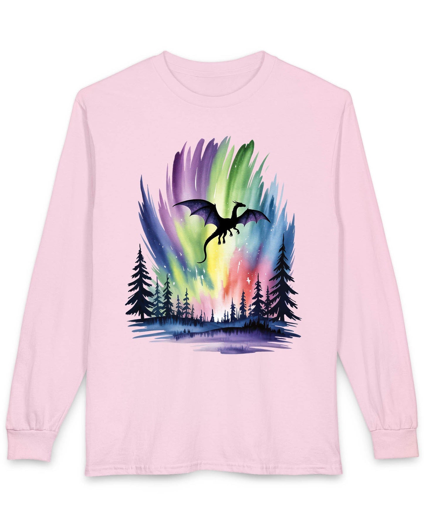 Sky of Dreams shirt in light pink featuring a dragon silhouette soaring above a vibrant, colorful aurora forest scene.