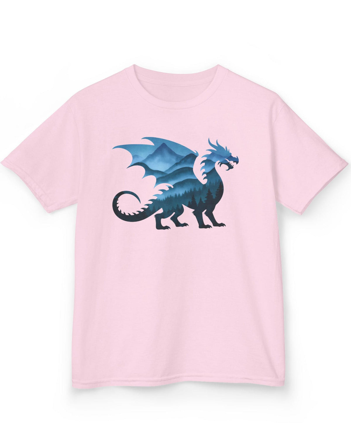 Spirit of the Mists shirt in light pink featuring a dragon silhouette filled with misty blue mountains and forests