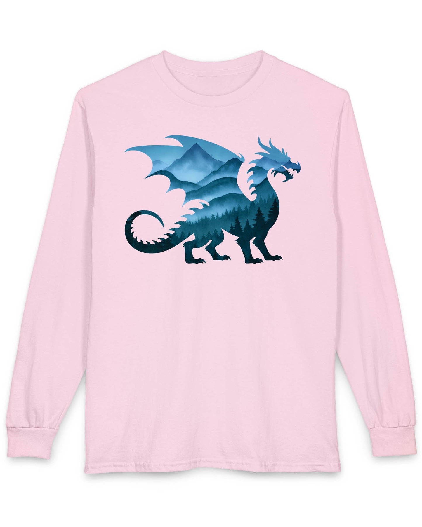 Spirit of the Mists shirt in light pink featuring a dragon silhouette filled with misty blue mountains and forests