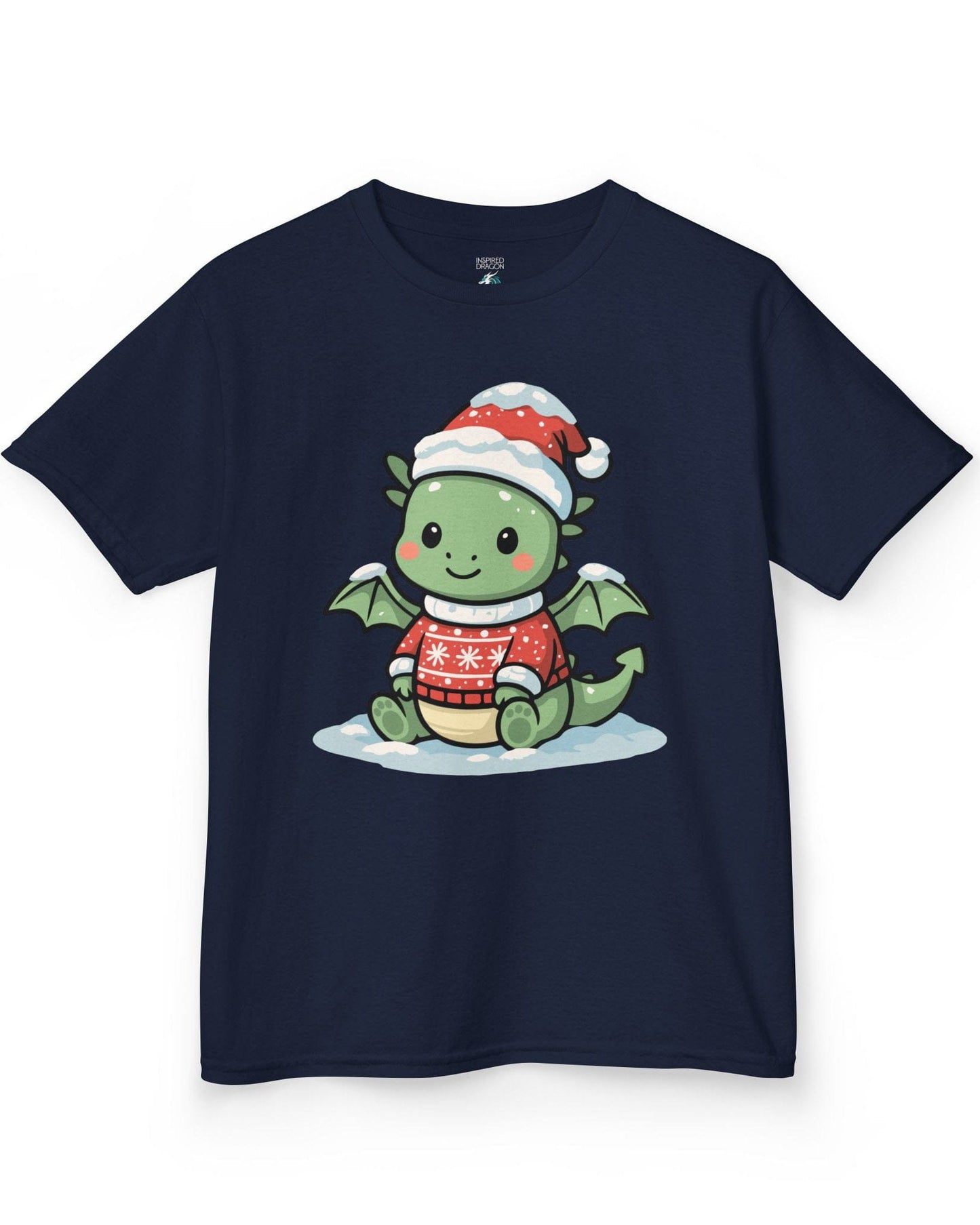 Merry Munchkin shirt in navy featuring a cute green baby dragon in a snowy Santa hat and festive sweater.