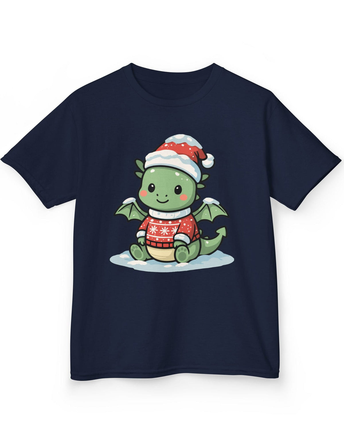 Merry Munchkin shirt in navy featuring a cute green baby dragon in a snowy Santa hat and festive sweater.