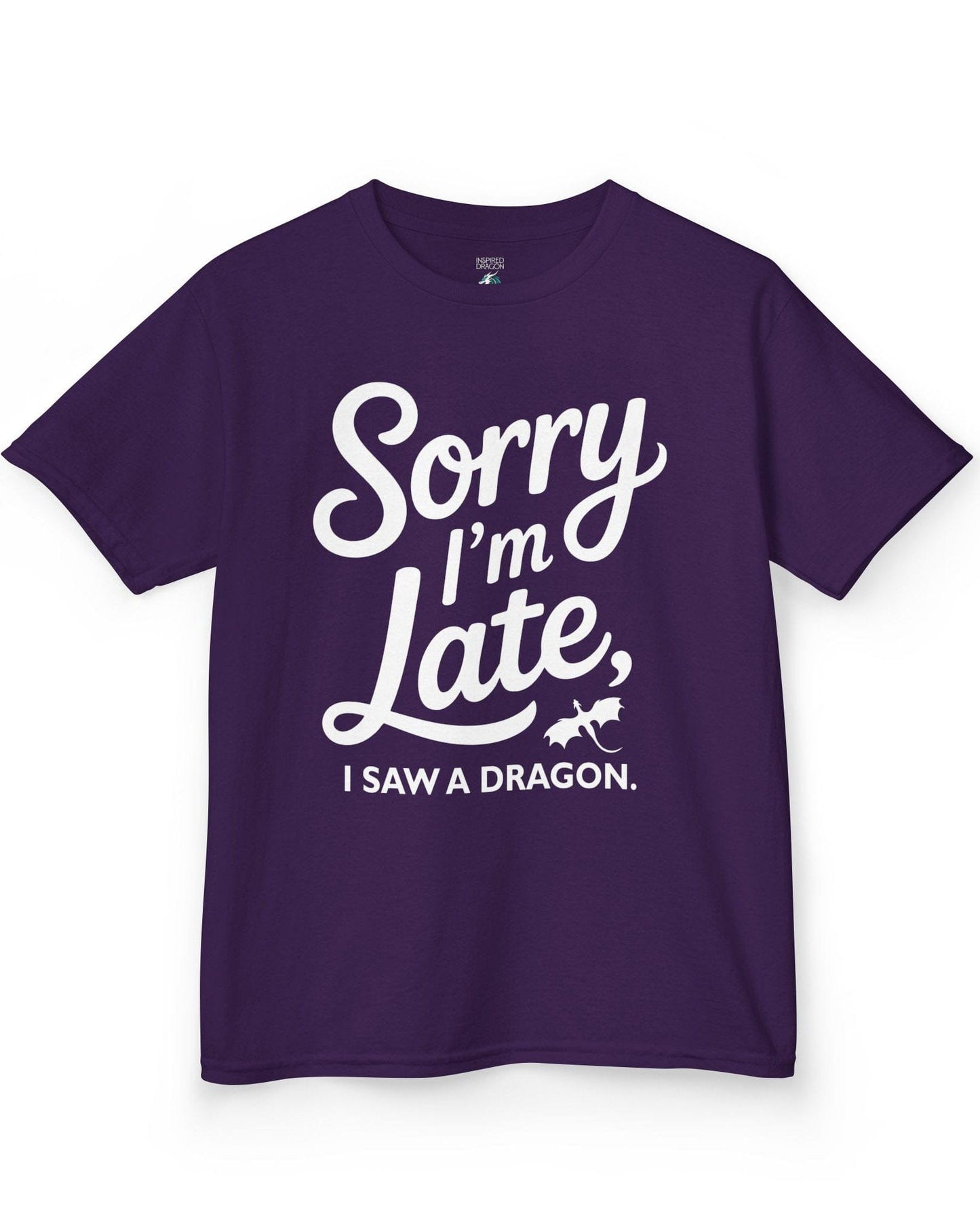 Sorry I'm Late shirt in purple featuring playful script typography and a small flying dragon icon.