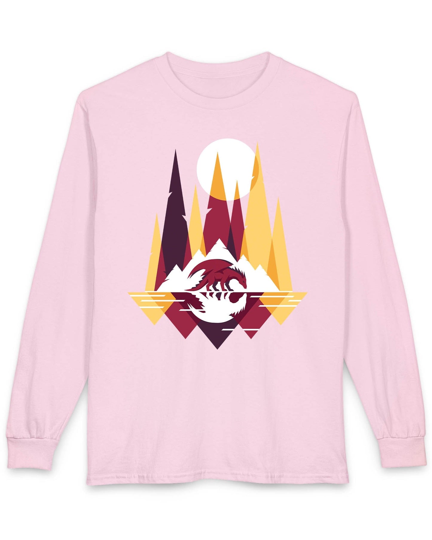 Serene Geometry shirt in light pink featuring a minimalist geometric dragon with mountains and a moon