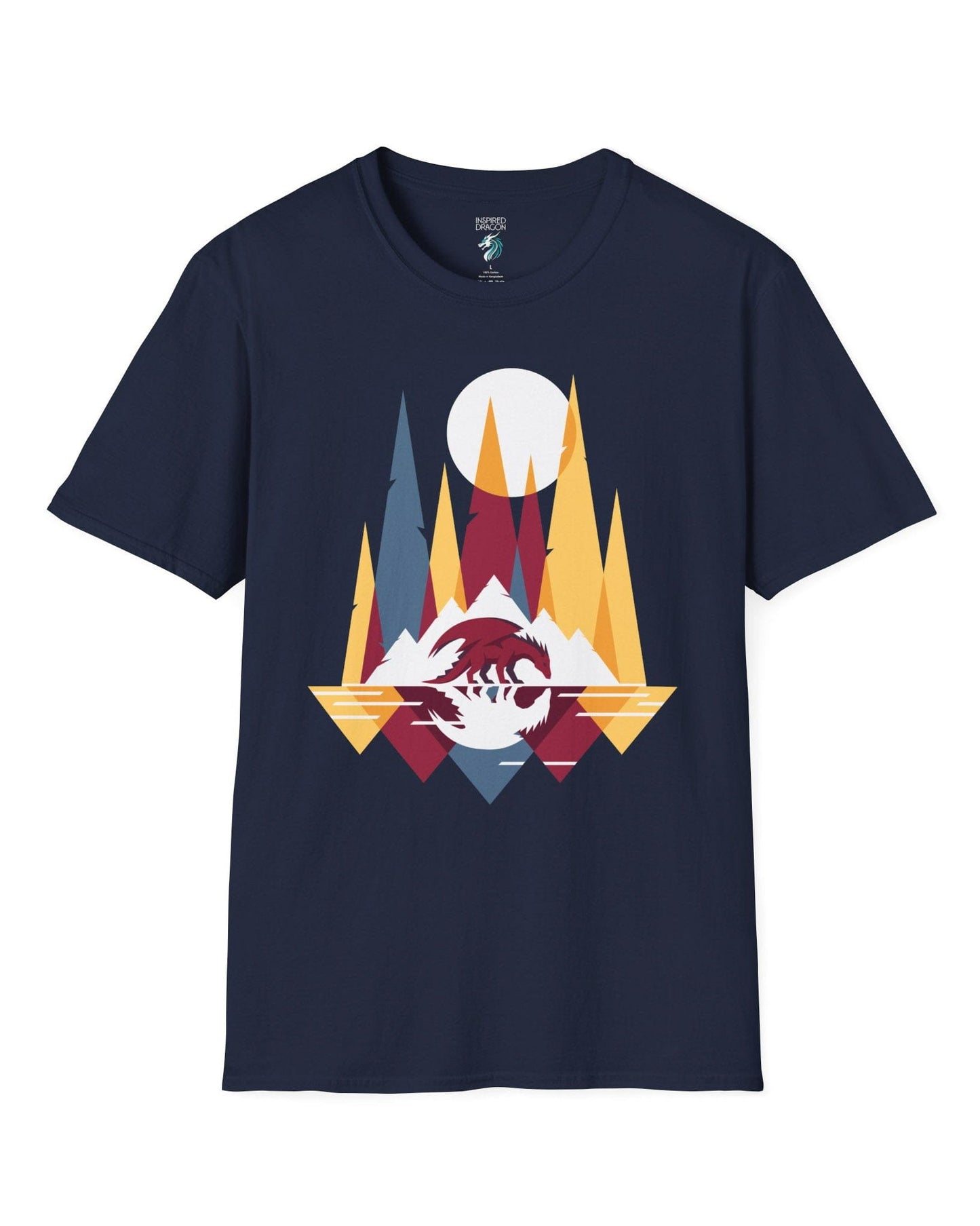 Serene Geometry shirt in navy featuring a minimalist geometric dragon with mountains and a moon.