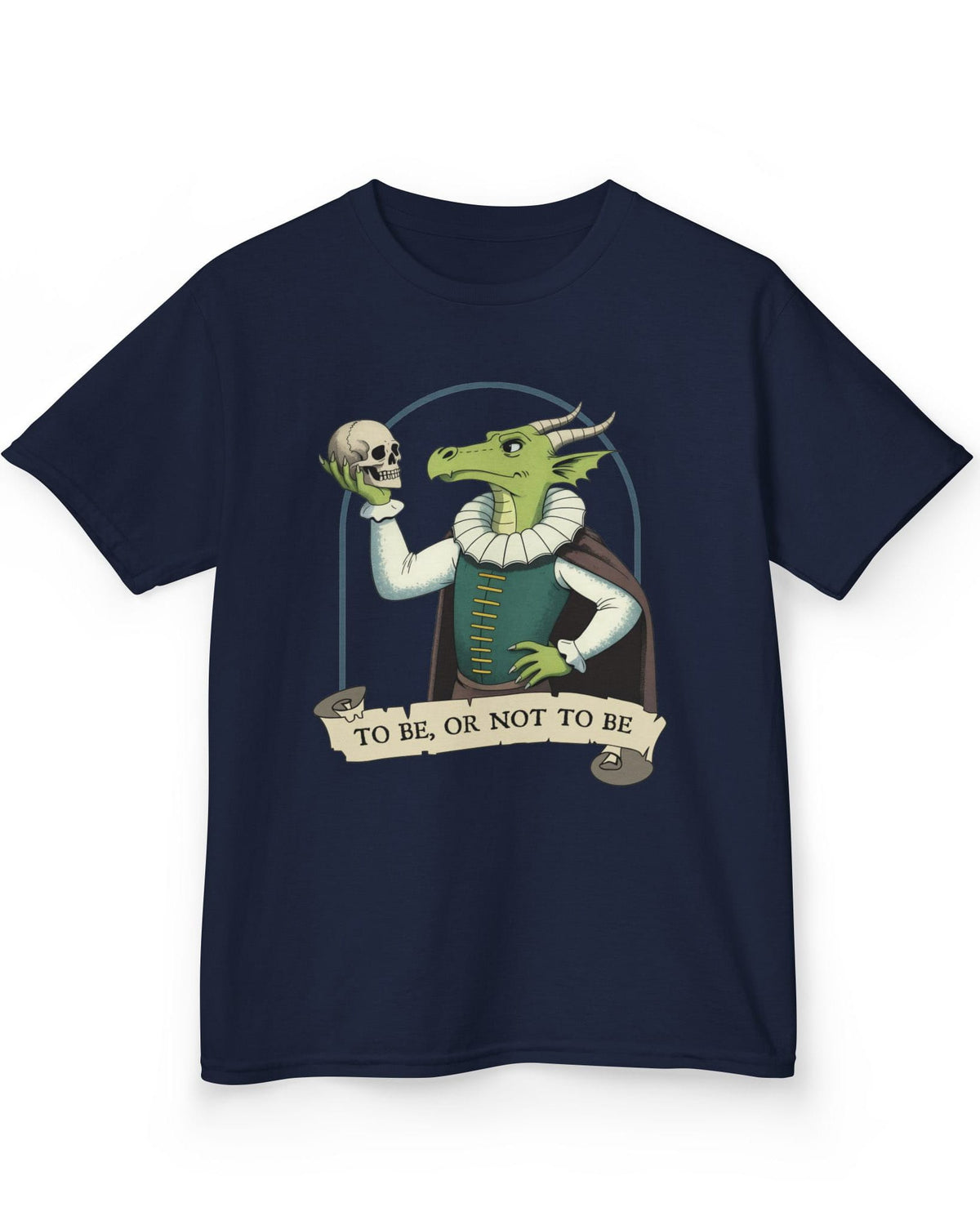 To Be or Not to Be shirt in navy featuring a green dragon in Shakespearean attire holding a skull
