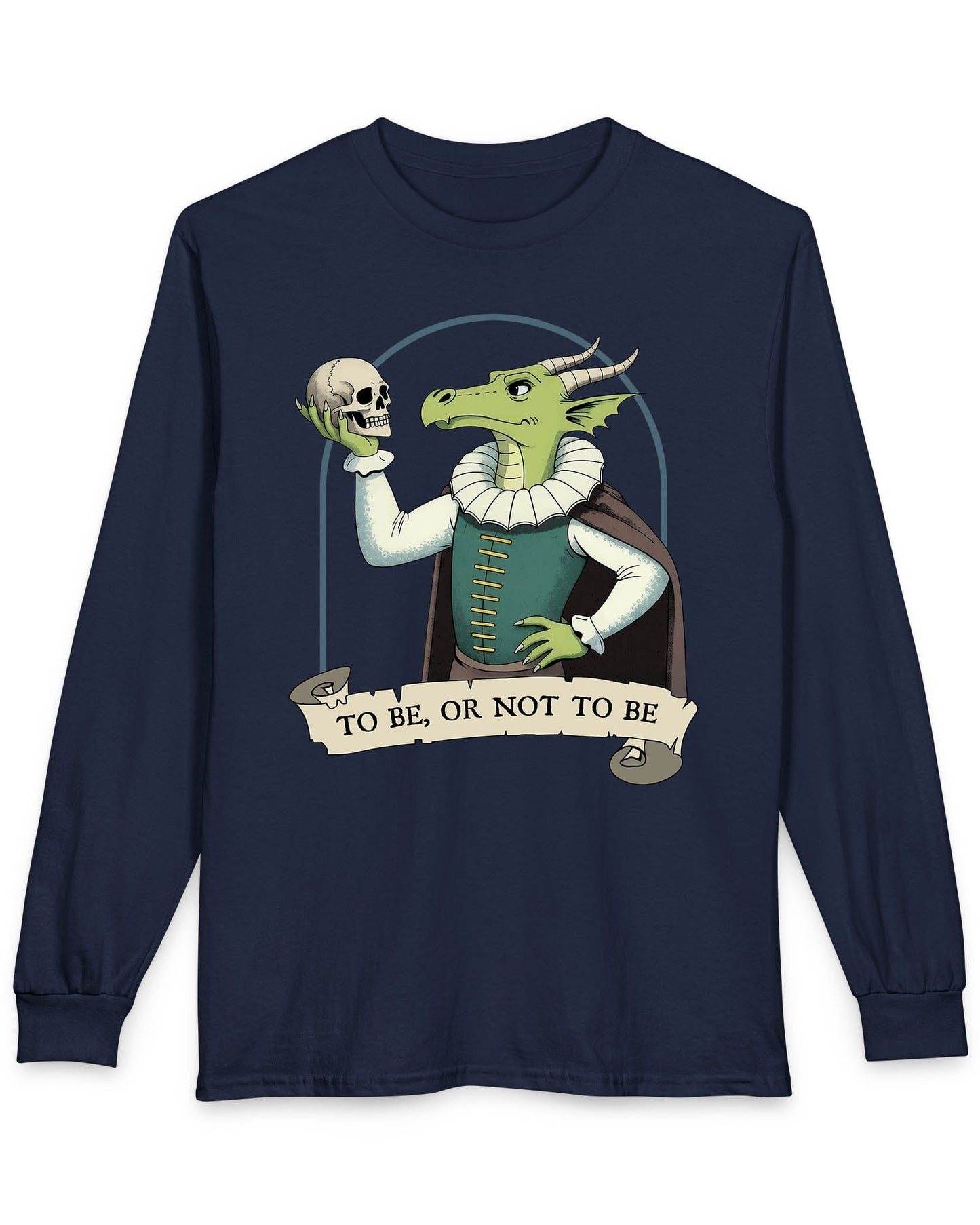 To Be or Not to Be shirt in navy featuring a green dragon in Shakespearean attire holding a skull