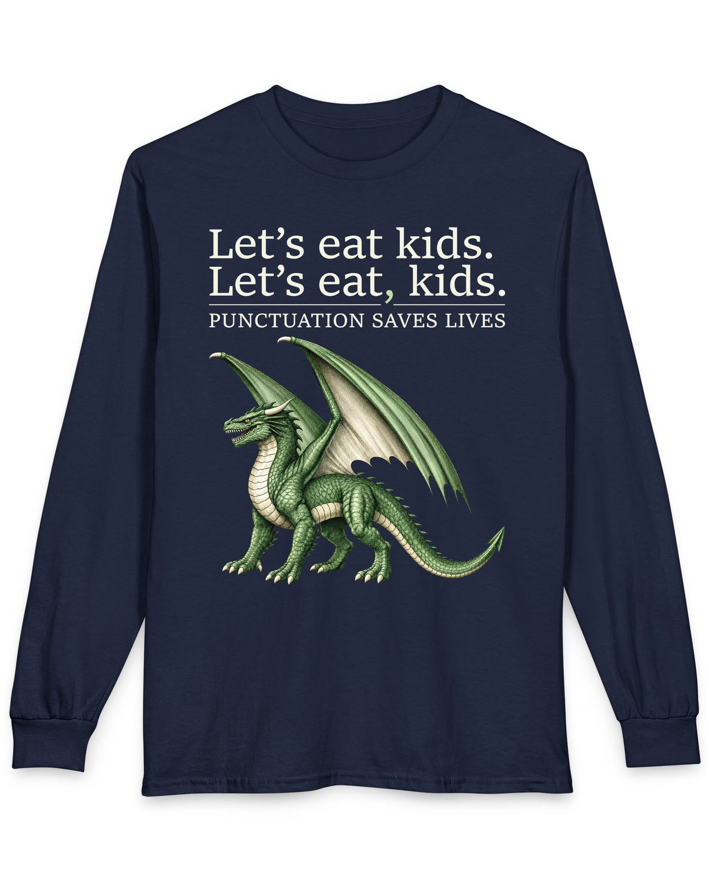 Punctuation Saves Lives shirt in navy featuring a green dragon with humorous grammar-themed text