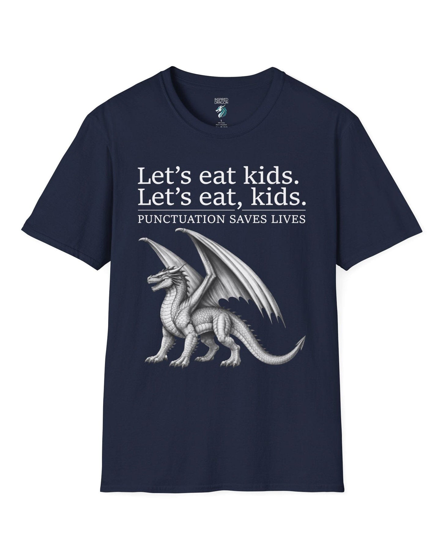 Punctuation Saves Lives shirt in navy featuring a dragon illustration with humorous grammar-themed text.