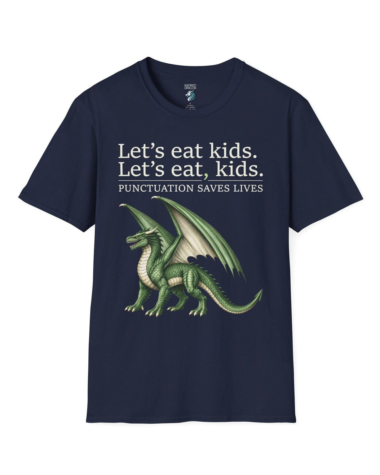 Punctuation Saves Lives shirt in navy featuring a green dragon with humorous grammar-themed text