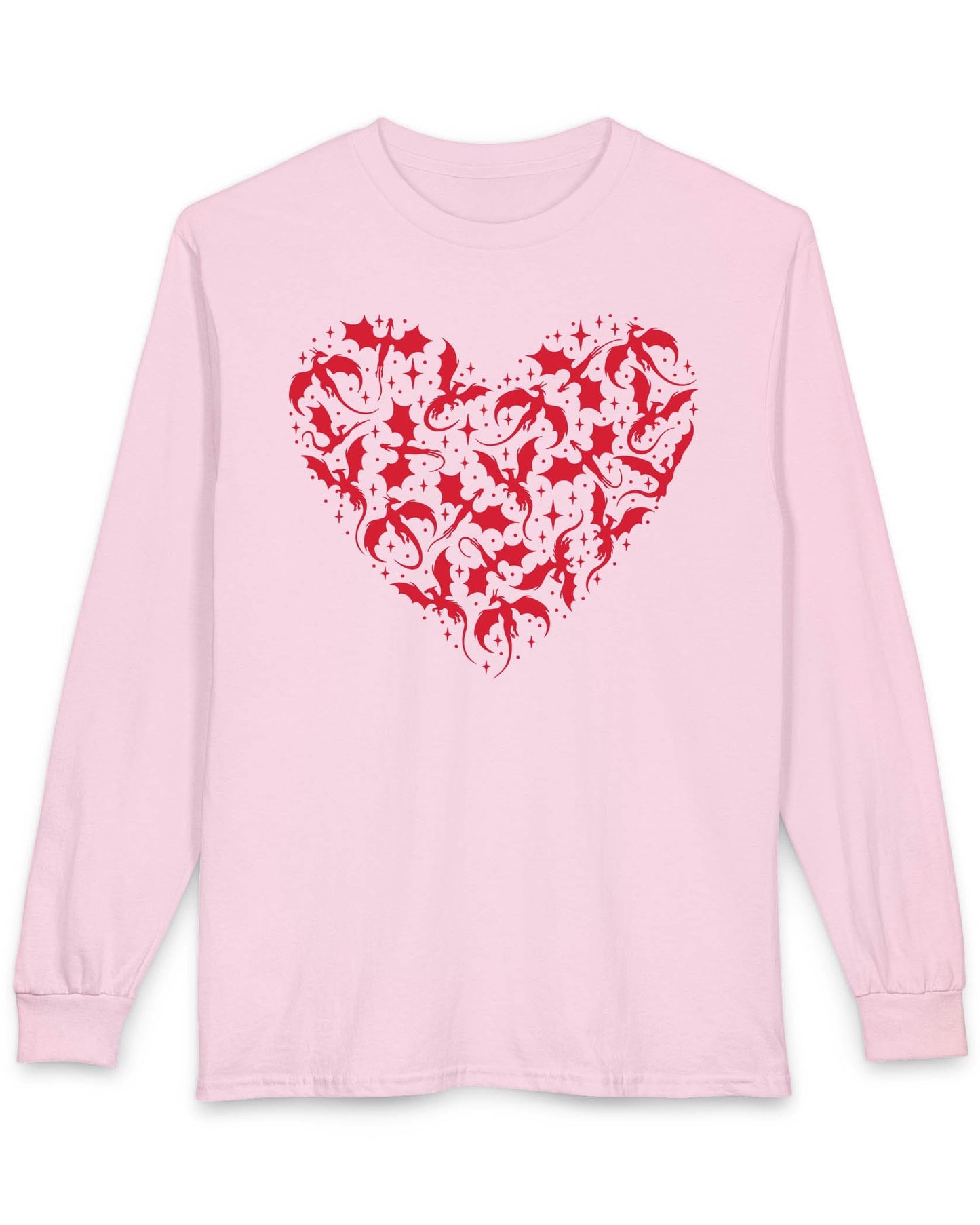 Dragonflight Heart shirt in light pink featuring a heart formed from flying dragon silhouettes with small star accents
