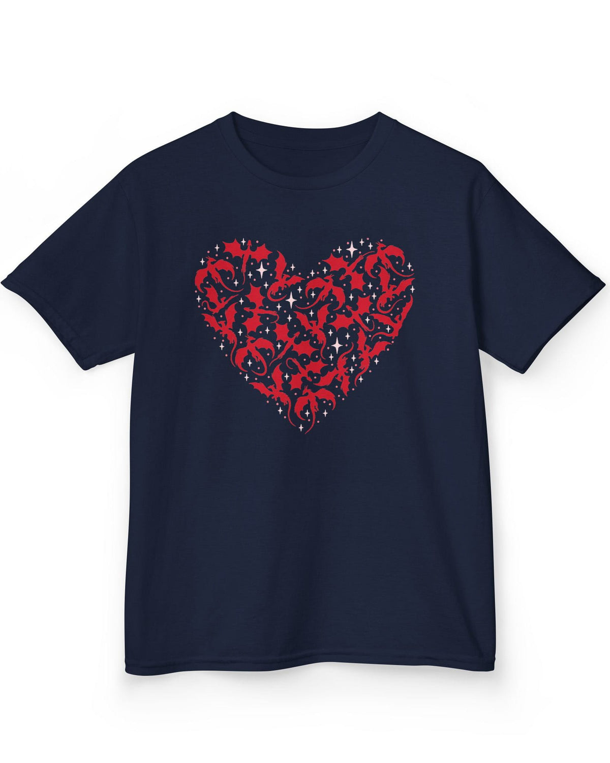 Dragonflight Heart shirt in navy featuring a heart formed from flying dragon silhouettes with small star accents