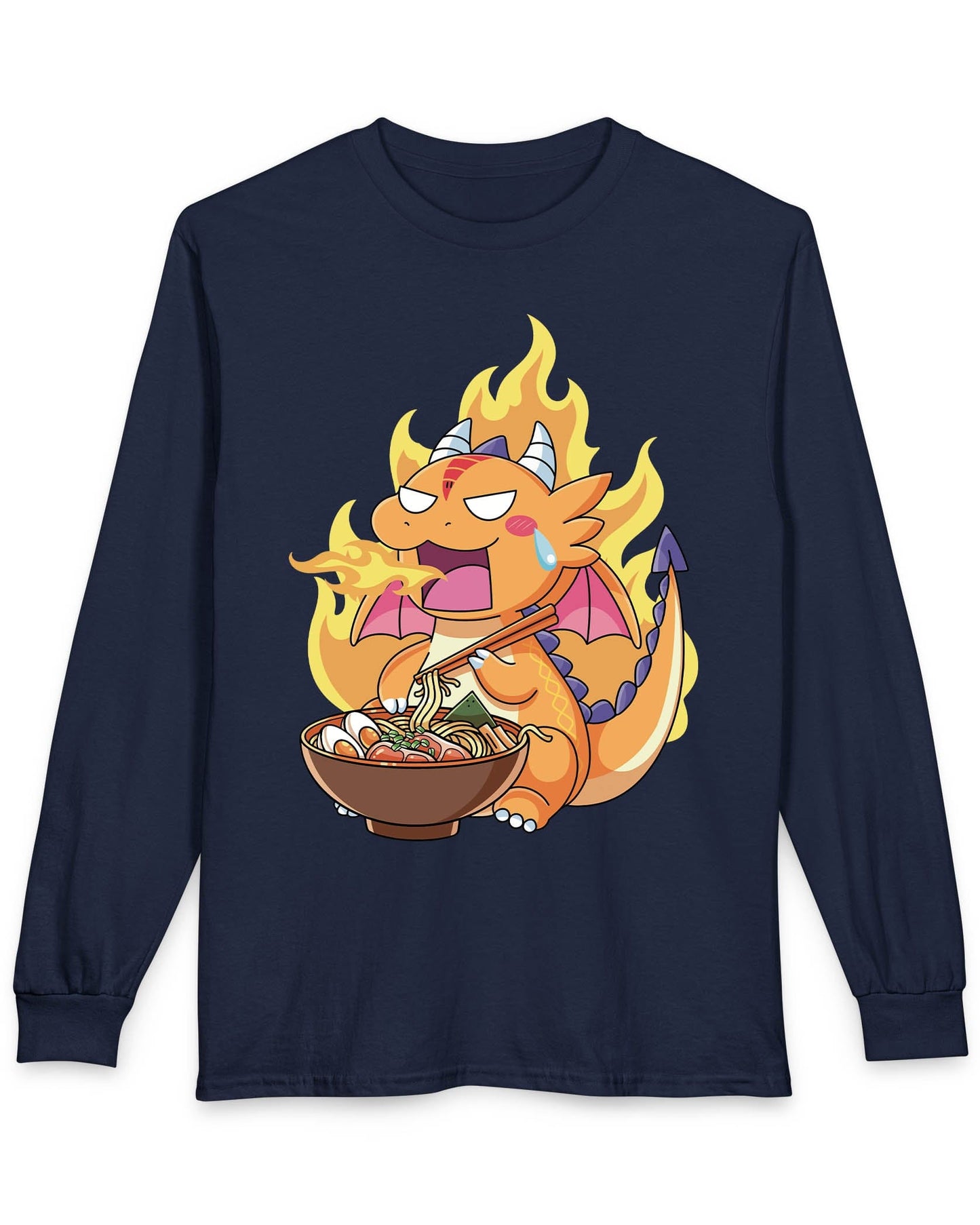 Hot Ramen Dragon shirt in navy featuring a cute orange dragon eating a steaming bowl of ramen while breathing fire