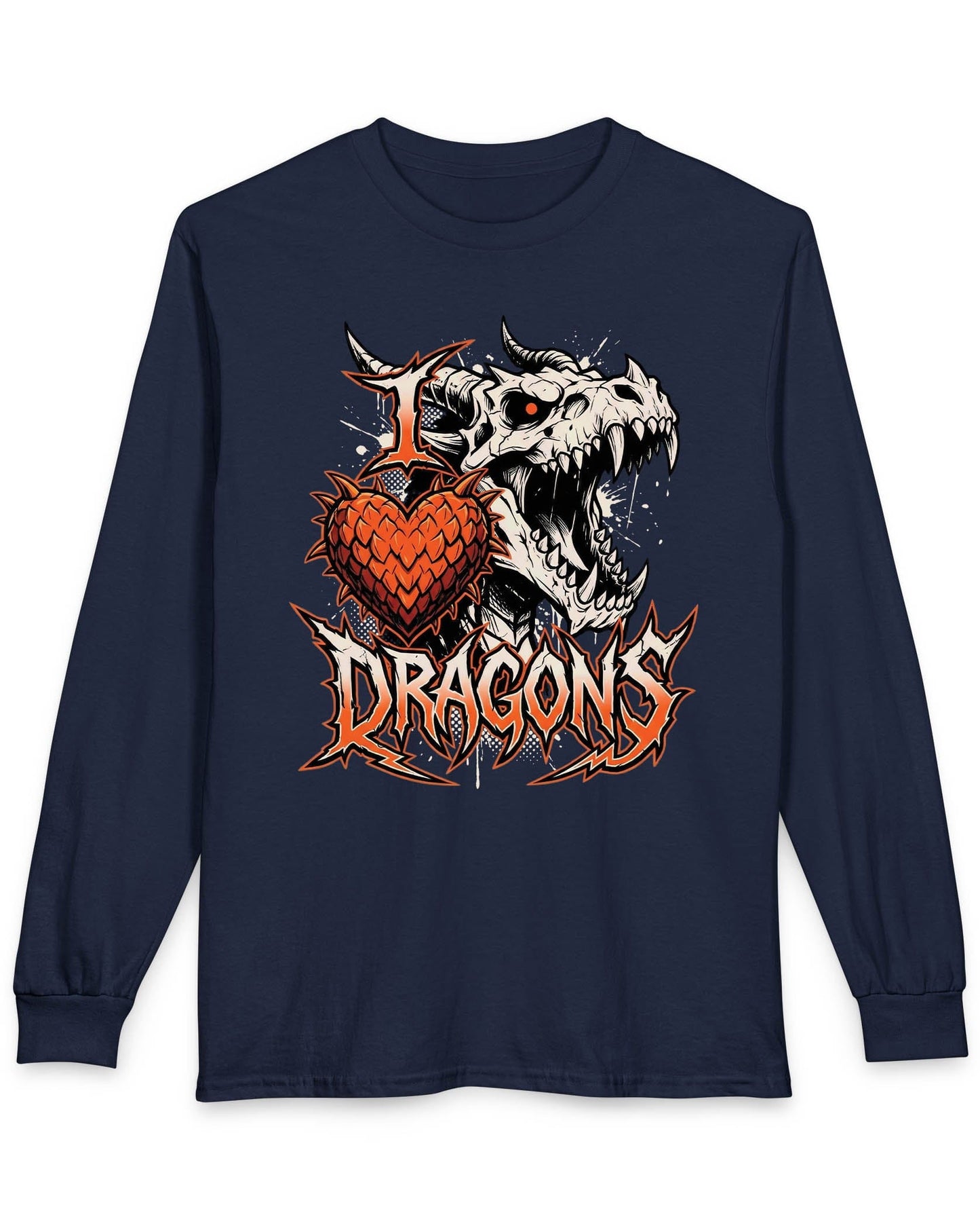 I Love Dragons shirt in navy featuring a fierce skeletal dragon head and a spiked heart emblem with bold lettering