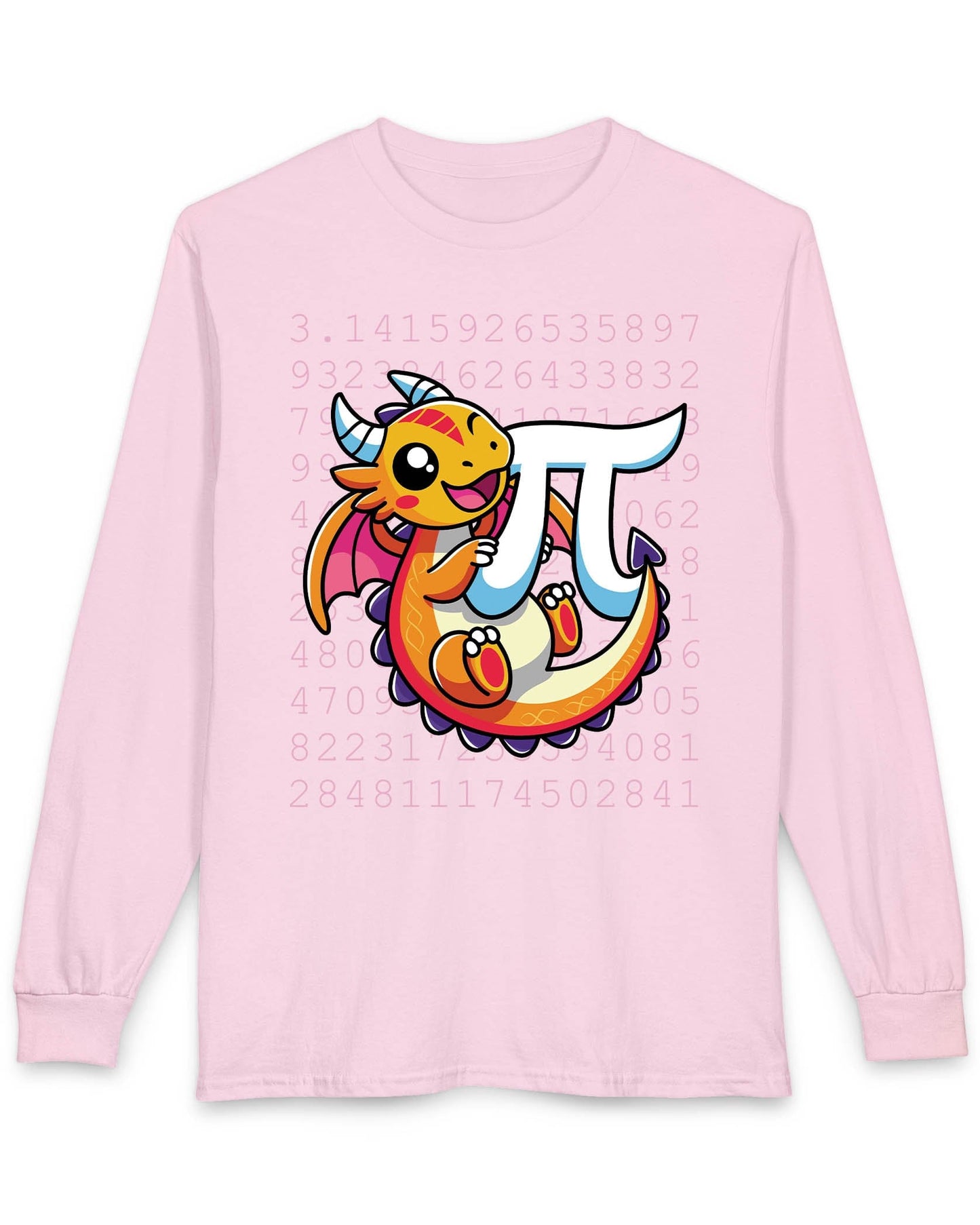 Happy Pi Dragon shirt in light pink featuring a cute cartoon dragon hugging a pi symbol over a background of pi digits