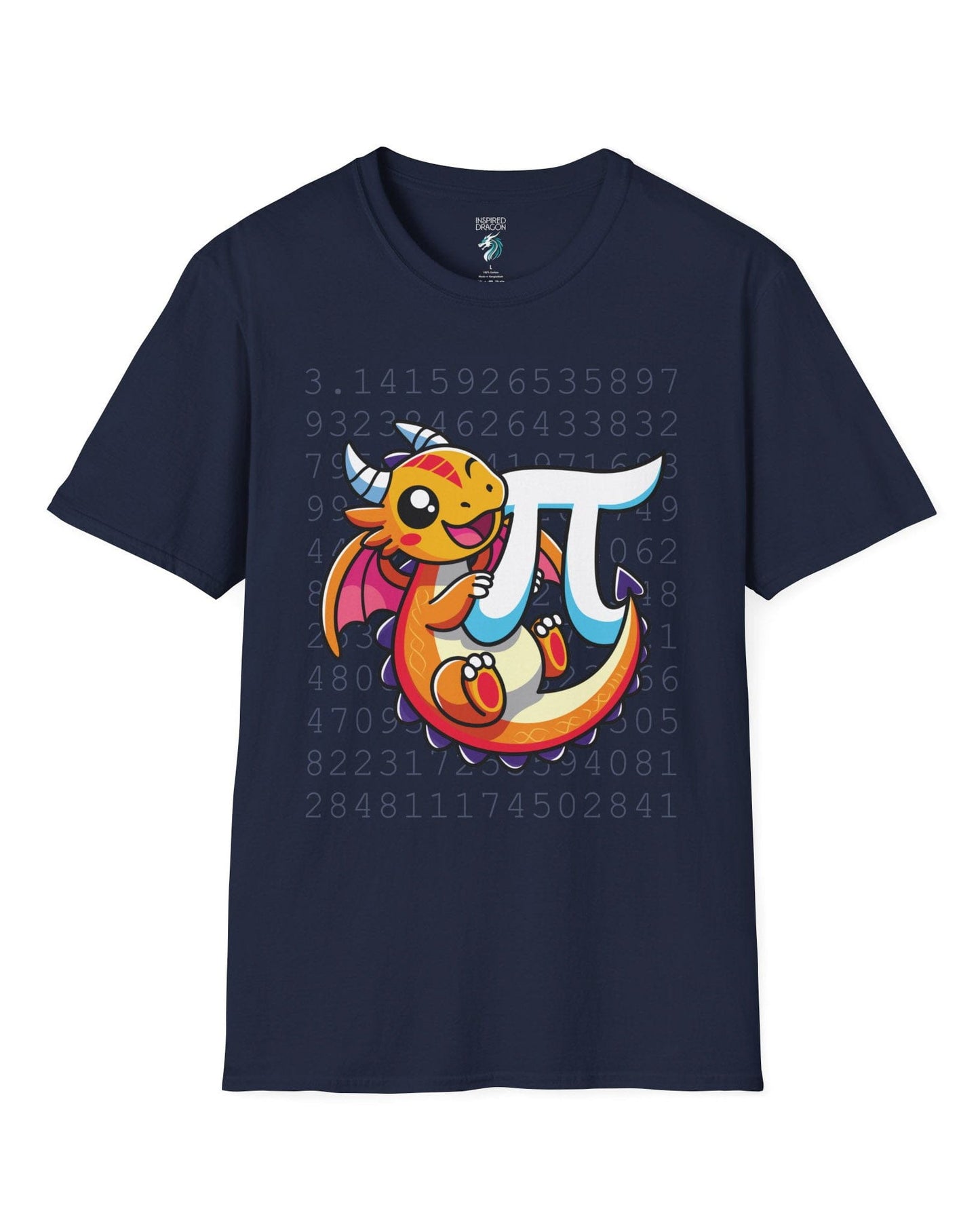 Happy Pi Dragon shirt in navy featuring a cute cartoon dragon hugging a pi symbol over a background of pi digits