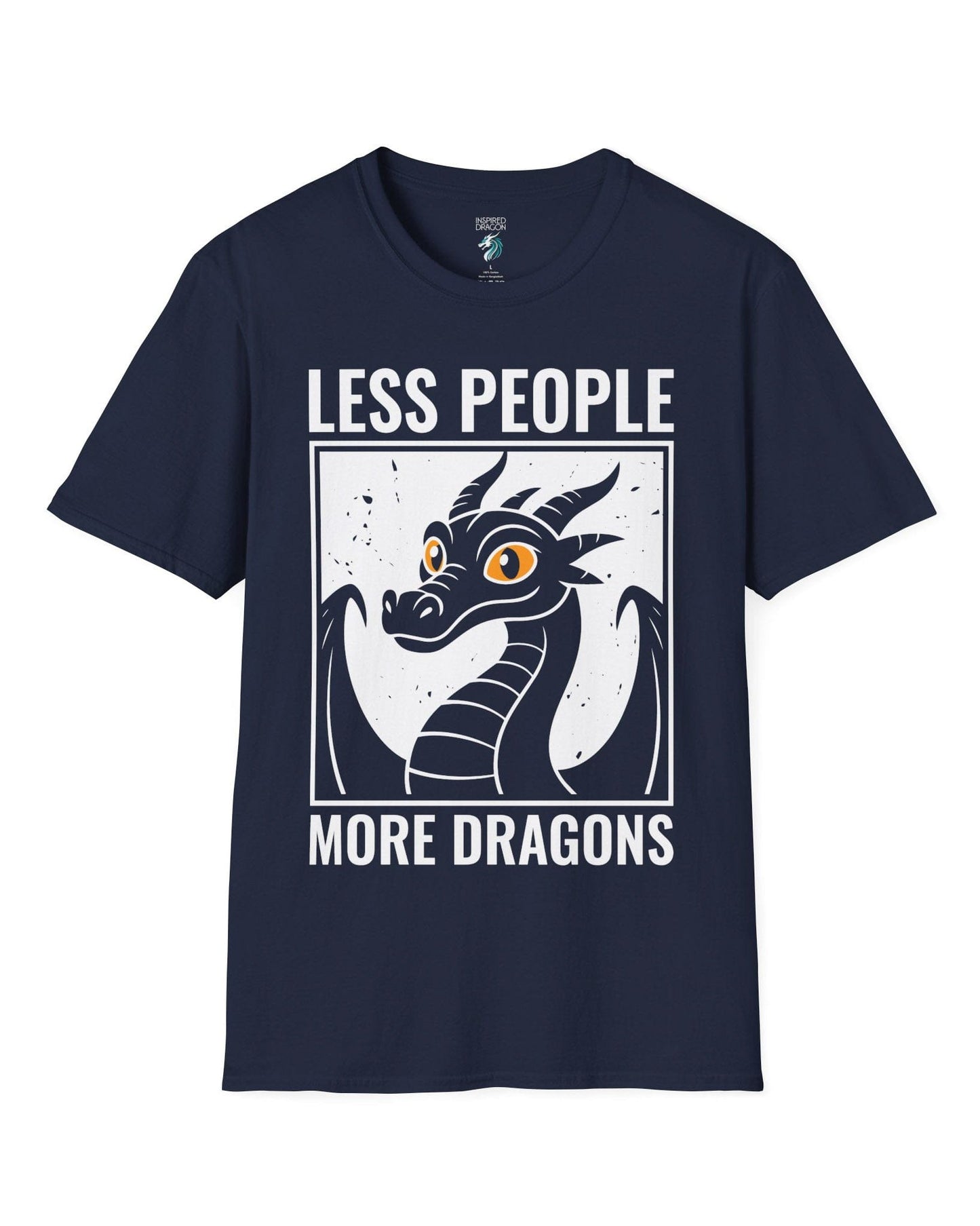 Less People More Dragons shirt in navy featuring a bold dragon portrait with bright eyes and distressed graphic style