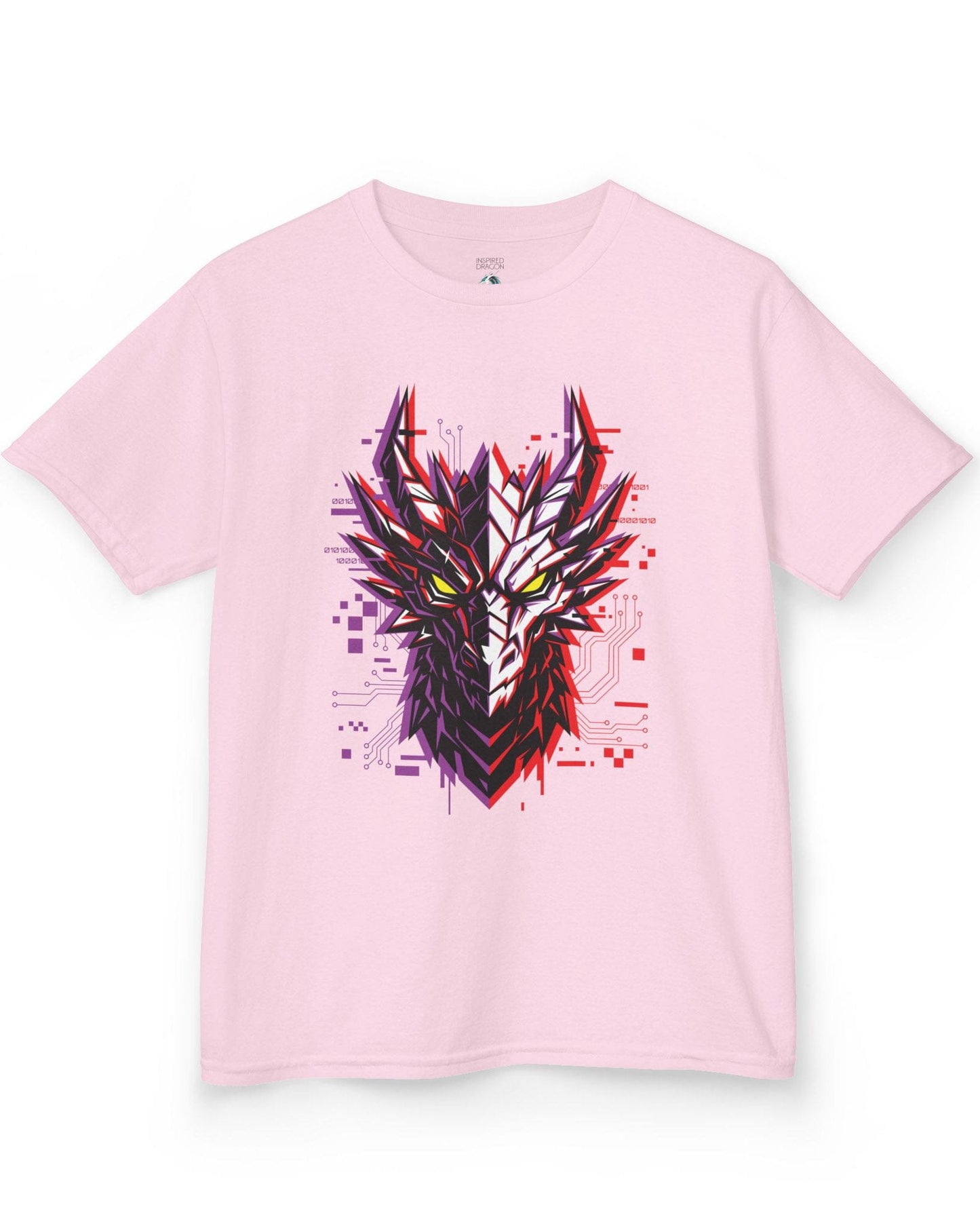 Ghost in the Circuit shirt in light pink featuring a split cyber dragon face with neon circuitry and glowing eyes