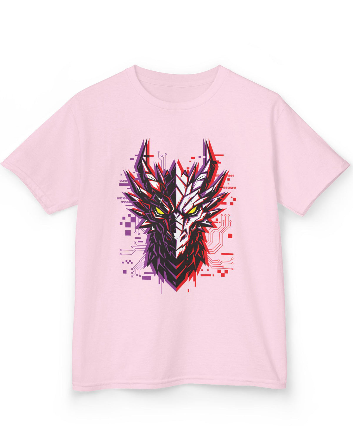 Ghost in the Circuit shirt in light pink featuring a split cyber dragon face with neon circuitry and glowing eyes