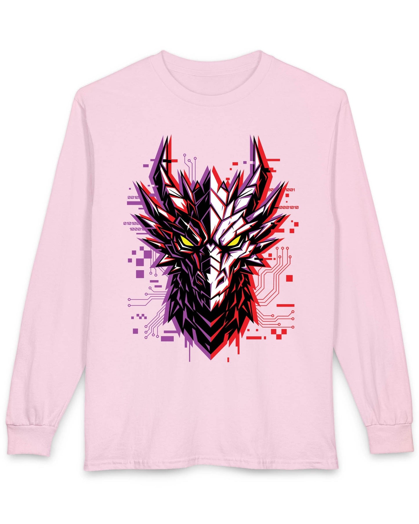 Ghost in the Circuit shirt in light pink featuring a split cyber dragon face with neon circuitry and glowing eyes