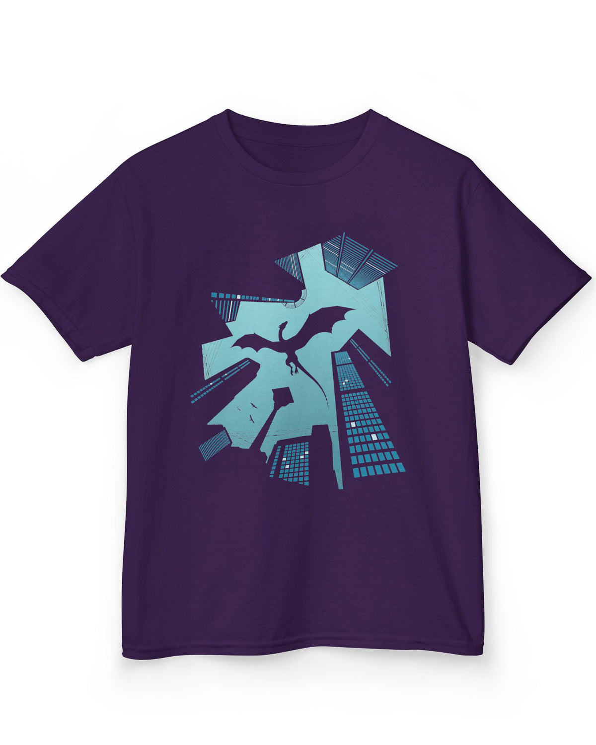 Vertigo shirt in purple featuring a soaring dragon silhouette above towering city skyscrapers in bold graphic contrast